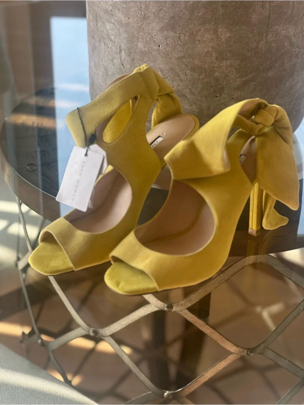 Zara Yellow Suede Tie-Ankle Open-Toe Heels